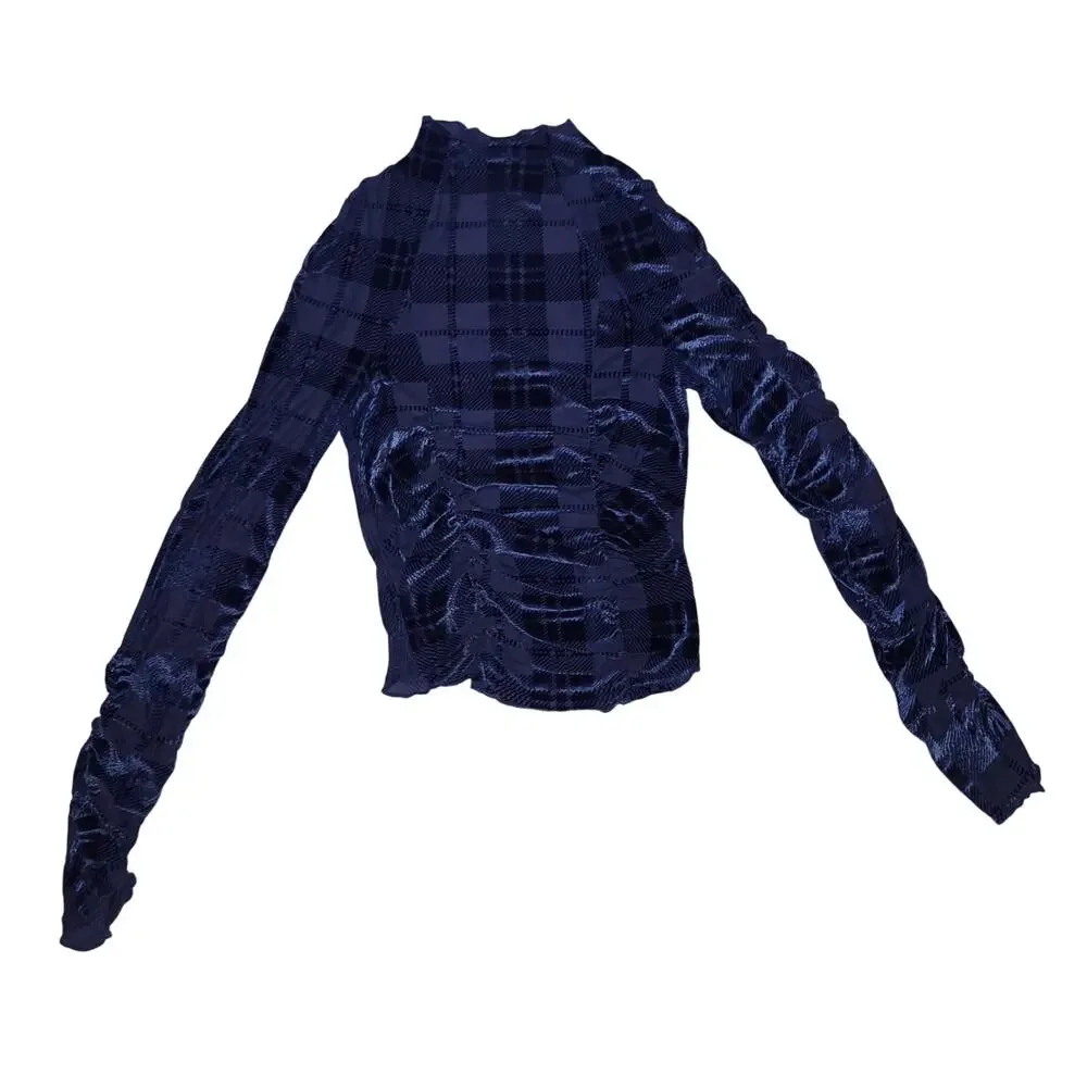 Urban Outfitters Y2K Blue Velvet Plaid Ruched Top Size M - Used Good Condition - Picture 5 of 5